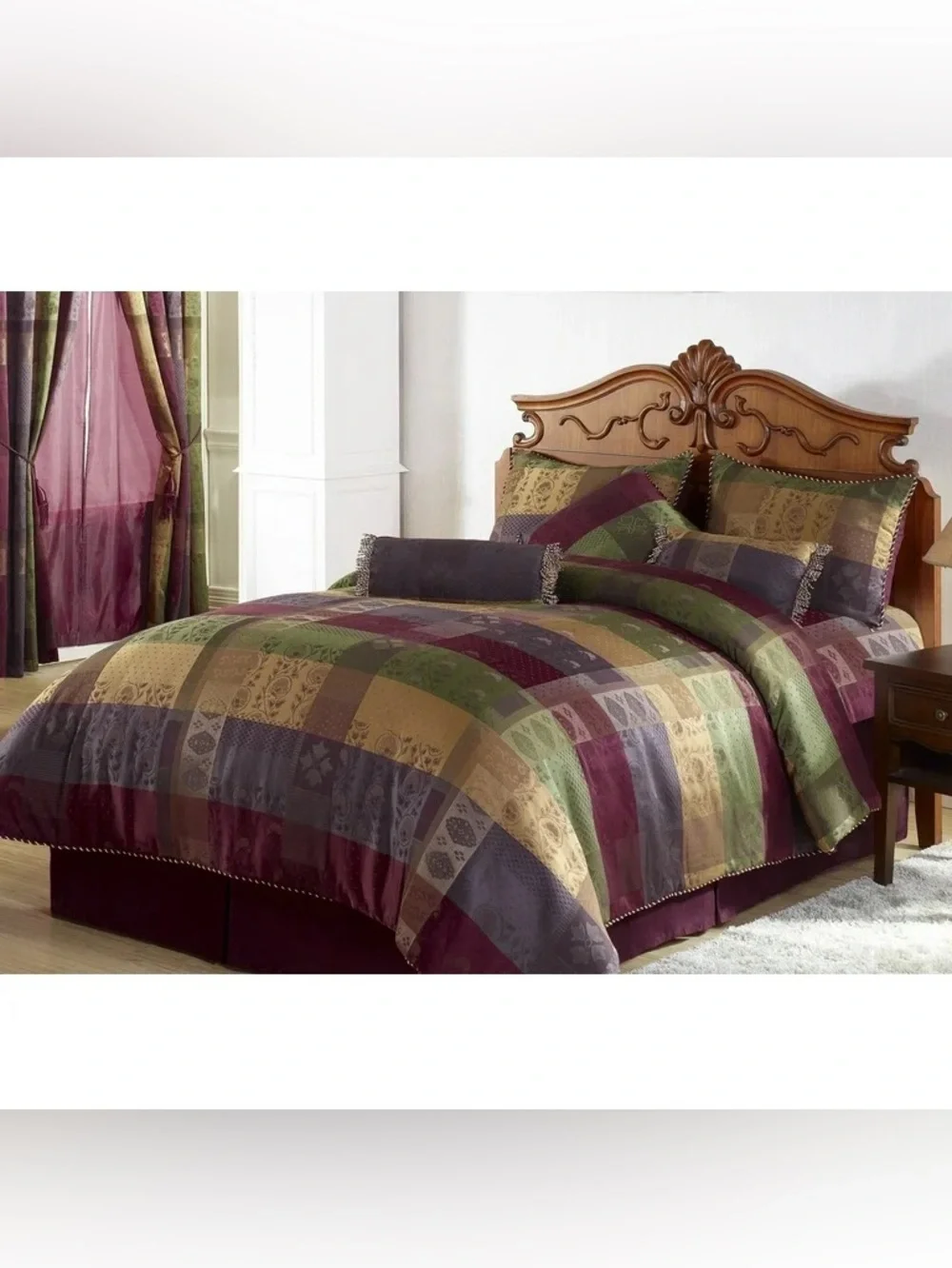 Luxury Patchwork King 3 piece Comforter Set - Plum, Olive, Gold, Gray